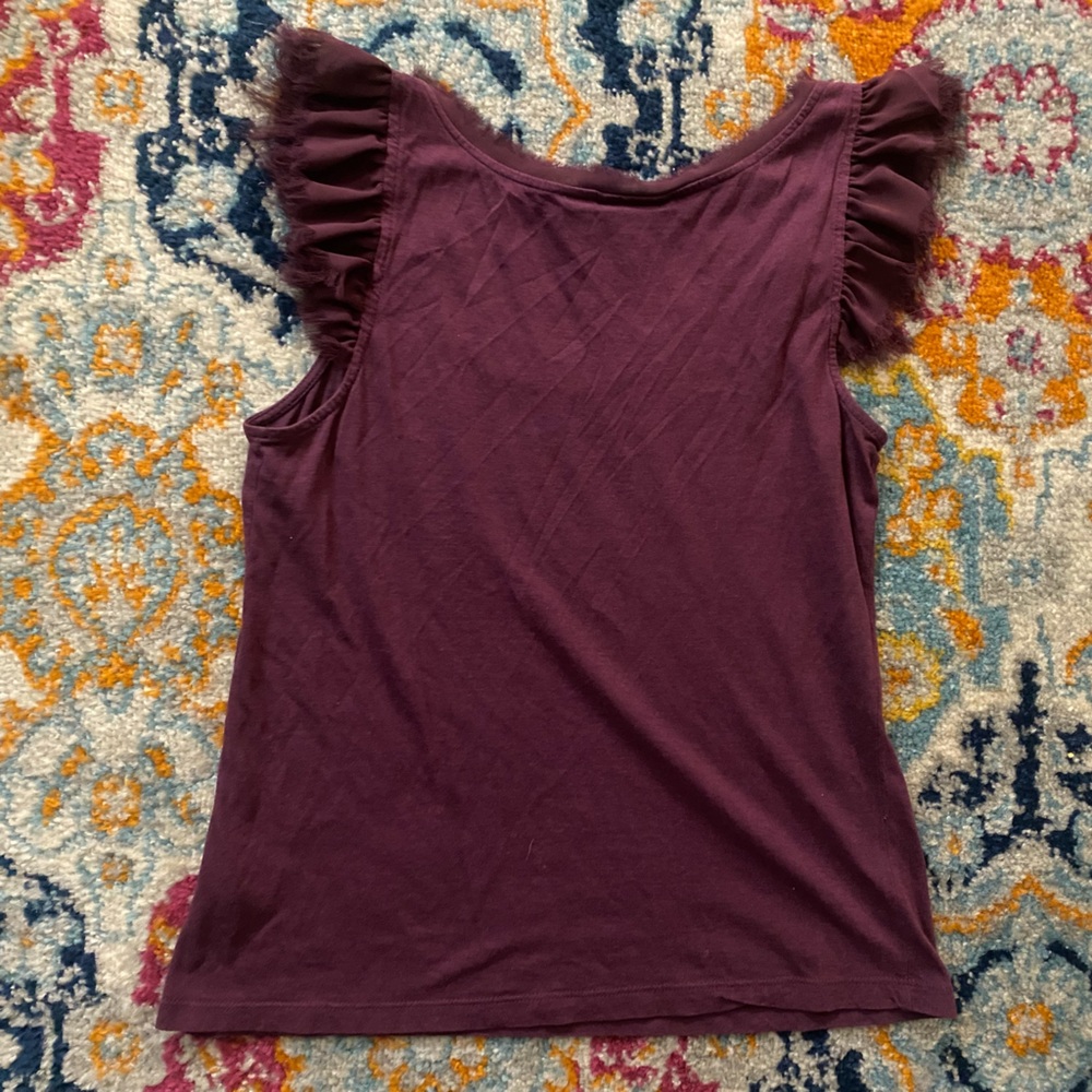SOLD! ELLE Solid Plum Purple Fringe Detail Ruffle Flutter Sleeve Top M - Picture 7 of 11